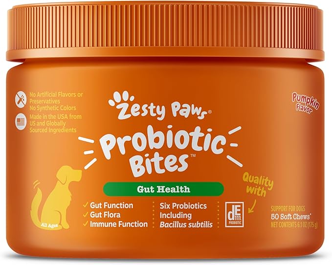 Zesty Paws Probiotics for Dogs - Digestive Enzymes for Gut Flora, Digestive Health, Diarrhea & Bowel Support - Clinically Studied DE111 - Dog Supplement Soft Chew for Pet Immune System - 50 Count ZestyPaws