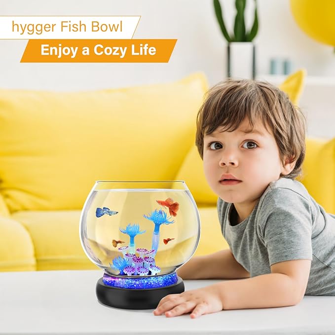 hygger 0.5 Gallon/1 Gallon Glass Fish Bowl with LED Light and Decor, Small Round Betta Fish Tank Goldfish Bowl, Round Clear Unbreakable Aquarium/Vase/Hydroponic Plant Terrarium, Nice Centerpieces hygger