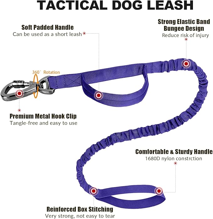 Tactical Dog Collar and Bungee Leash,Military Dog Collar & Leash Set with USA American Flag Adjustable K9 Collar with Heavy Duty Metal Buckle & Handle,with Patches and Airtags Case (Purple, L) Celifelight