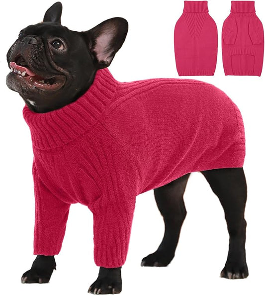 IECOii Large Dog Sweater,Pet Dog Sweaters for Large Dogs Boy,Thanksgiving Fall Doggie Sweatshirt,Turtleneck Thick Warm Girl Dog Sweater,Winter Knitwear Clothes for Corgi,French Bulldog(Rose red L) - PAWPICO