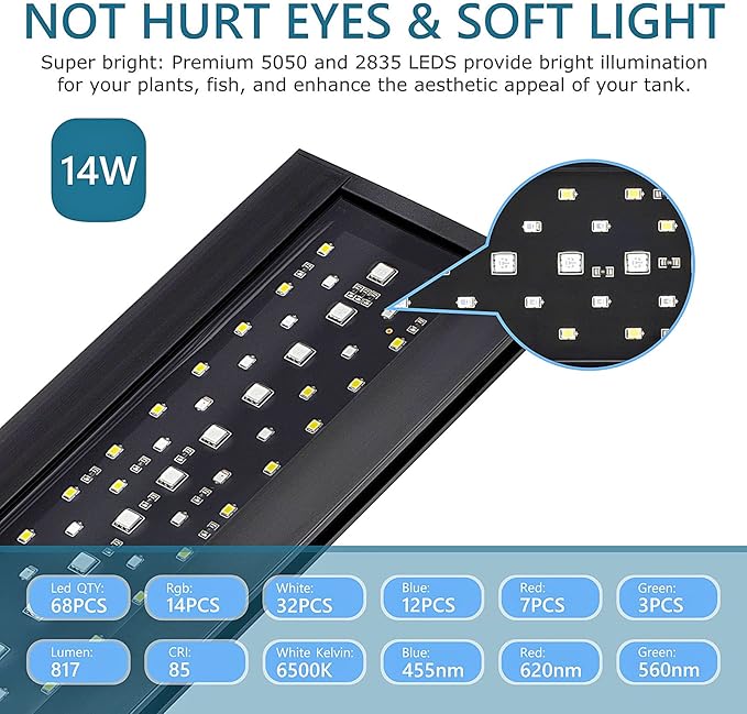 hygger Clip On 24/7 Lighting Aquarium LED Light, 14W Sunrise-Daylight-Moonlight and DIY Mode, Adjustable Timer / Brightness Fish Tank Light with 7 Colors for Planted Tank hygger