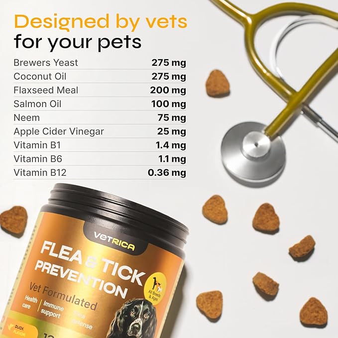 Flea and Tick Prevention for Dogs - Dog Flea Treatment Chews - Immune Support Flea and Tick Chewables for Dogs - Dog Flea & Tick Control Supplement - All Breeds & Ages - Vet Formulated - Soft Treats VETRICA