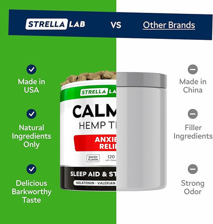 STRELLALAB Vet Formulated Hemp Calming Chews for Dogs - Anxiety Relief Calming Treats - Advanced Melatonin Pet Calm - Natural Sleep Aid & Stress, Separation Anxiety Relief - 120 Treats - Bacon STRELLALAB