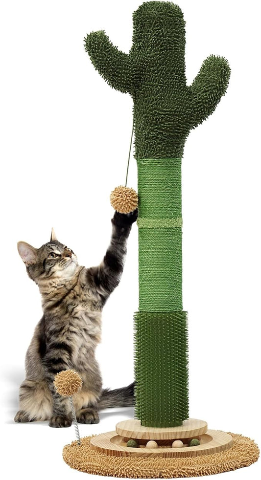 OTOB 36" Tall Cat Scratching Post, Natural Sisal Rope Cactus Scratcher Post, Vertical 6-in-1 Interactive Turntable Cat Scratch Post with Soft Ball Toys, Protect Your Furniture for All Indoor Cats - PAWPICO
