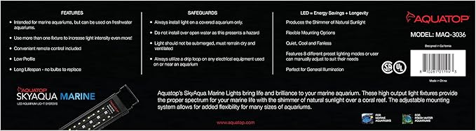 Aquatop SkyAqua Marine LED Saltwater Aquarium Light, 14000K Spectrum – Fits 30-36-Inch Tanks, 3 Position Toggle Switch & Included Remote Control, Aquarium Lights for Fish Tanks, UL & CSA AQUATOP