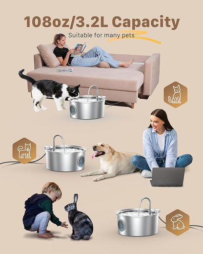 Cat Water Fountain Stainless Steel - Dog Automatic Waterer Bowl - Auto Pet Dispenser - Small Pets Drinking Waterer Indoor - Auto Dish Animal Fountains - 108oz/3.2L Metal Self Kitty Watering Supplies - PAWPICO