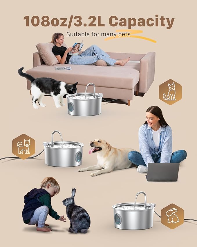 Cat Water Fountain Stainless Steel: Cat Fountain for Drinking - 108oz/3.2L Pet Water Fountain for Cats Indoor - Quiet Water Fountain for Cats - Faucet Pet Fountain - Contains 6 Filters + 3 Sponges - PAWPICO