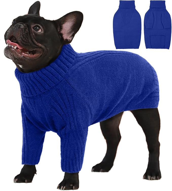 IECOii Large Dog Sweater,Pet Dog Sweaters for Large Dogs Boy,Thanksgiving Fall Doggie Sweatshirt,Turtleneck Thick Warm Girl Dog Sweater,Winter Knitwear Clothes for Corgi,French Bulldog(Blue L) - PAWPICO