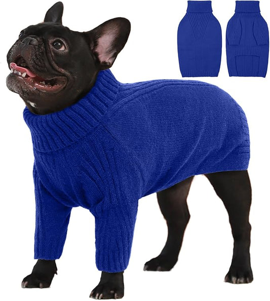 IECOii Large Dog Sweater,Pet Dog Sweaters for Large Dogs Boy,Thanksgiving Fall Doggie Sweatshirt,Turtleneck Thick Warm Girl Dog Sweater,Winter Knitwear Clothes for Corgi,French Bulldog(Blue L) - PAWPICO