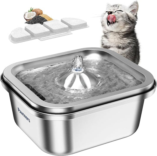 Cat Water Fountain Stainless Steel: 4L/140oz Pet Fountain Water Bowl Indoor, Automatic Dog Drinking Dispenser, Cat Feeding Watering Supplies, Metal Kitty Waterer Fountain, 1 Replacement Filters - PAWPICO