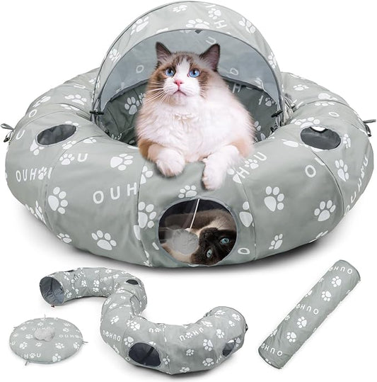 Cat Tunnel Bed, Cat Tunnels for Indoor Cats, Cat Donut Tunnel with Mat, Straight Tunnel, 4 Hanging Balls and Blackout Tent, Collapsible Peekaboo Cat Cave - PAWPICO