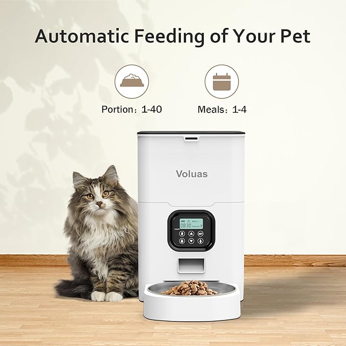 VOLUAS Automatic Cat Feeders - Pet Food Dispenser for Dry Food, Timed Cat Feeder with Desiccant Bag, Programmable Portion Size Control 4 Meals Per Day, 10s Voice Recorder - PAWPICO