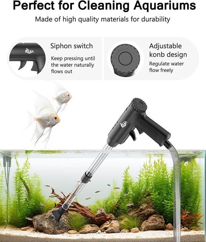 AQQA Aquarium Gravel Cleaner, 4-in-1 Upgrade Suction Power Manual Fish Tank Gravel Vacuum Cleaner Tools for Aquarium Water Changer with Water Flow Adjustment Use for Fish Tank Cleaning Gravel Sand AQQA