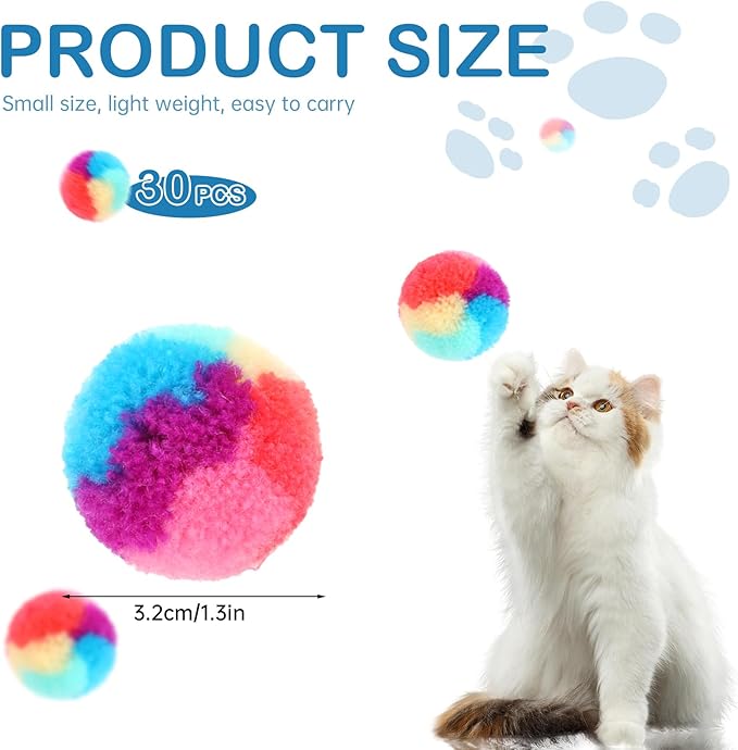 KALIONE 30 Pcs Soft Plush Cat Ball 1.2-inch Rainbow Cat Toy Balls Fuzzy Kitty Balls Kitten Puff Balls Colorful Cat Pom Pom Balls for Cat Kitten Pet Playing Exercising - PAWPICO
