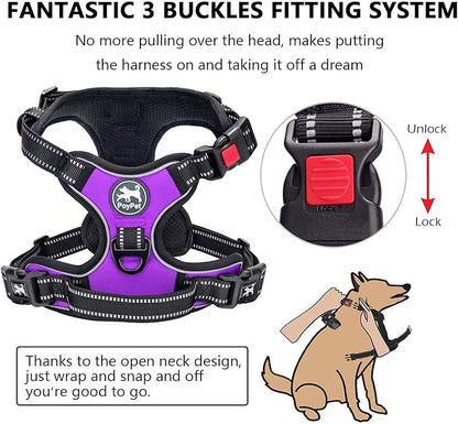 PoyPet No Pull Dog Harness, No Choke Front Clip Dog Reflective Harness, Adjustable Soft Padded Pet Vest with Easy Control Handle for Small to Large Dogs(Purple,M) PoyPet