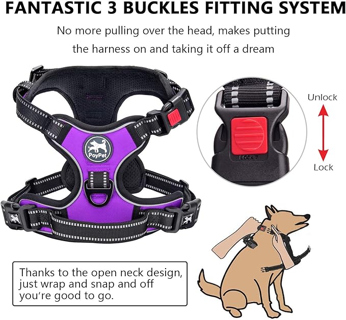 PoyPet No Pull Dog Harness, No Choke Front Clip Dog Reflective Harness, Adjustable Soft Padded Pet Vest with Easy Control Handle for Small to Large Dogs(Purple,L) PoyPet