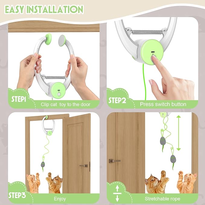 Cat Toy Interactive for Indoor Cats, Smart USB Rechargeable Door Hanging Automatic Retractable Kitten Toys, Teaser Electronic Self Play Feather Cat String Toy Attached with 3 Catnip Mice Green - PAWPICO