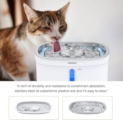 Cat Water Fountain with Stainless Steel Top and 2 Flower Spouts, 2.5L Pet Water Fountain with Led Light and Water Level Window - PAWPICO