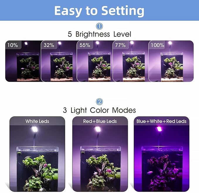 hygger 0.5-5 Gallon Nano Tank Mini Clip-on Aquarium Light with White Blue Red LEDs Fish Tank Lighting Built-in Timer 5 Brightness Levels 6W with USB Port (Include Power Adapter) hygger