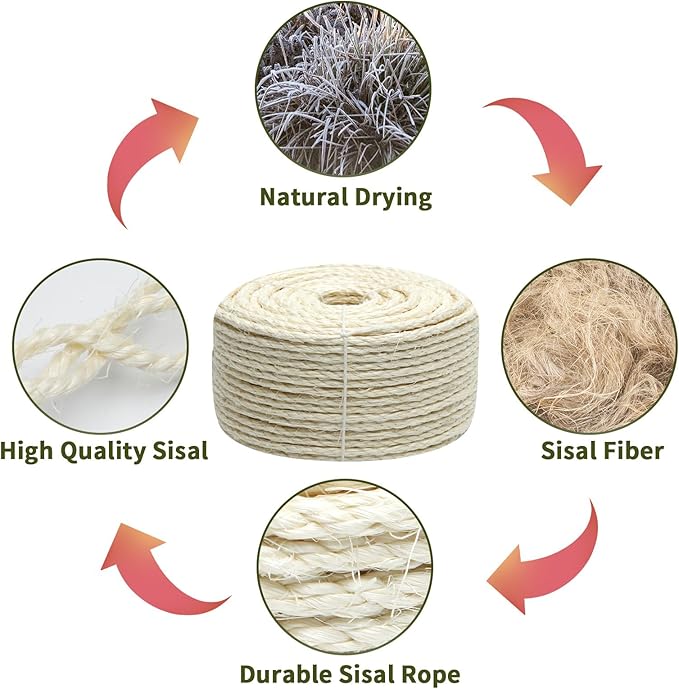 Cat Sisal Rope 164-Feet 4mm for Scratcher Repair and Replace Scratching Post, DIY Hemp Twine Rope for Cat Tree Tower Carpet Mat Kicker House, Pet Toy, and Crafts Gardening Home Decorating - PAWPICO