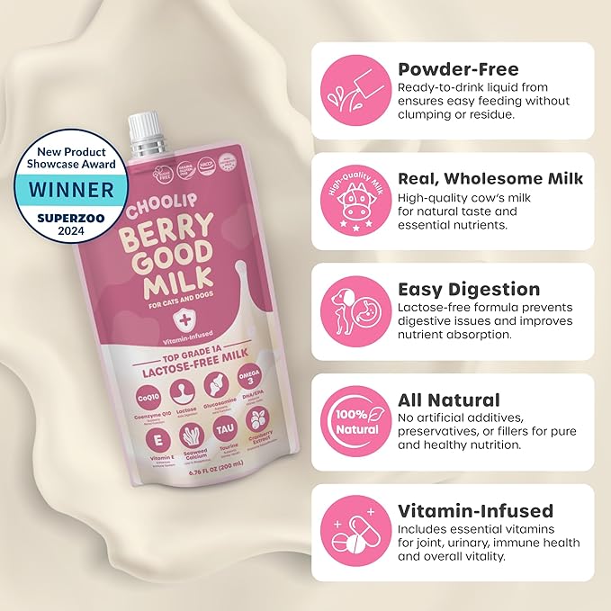 Berry Good Pet Milk. 10pk Vitamin-Infused Cat Milk, Dog, Kitten, Puppy Milk. Dog Bladder Support, Cat Kidney Support, Cat Urinary Supplement Cranberry, Omega 3, CoQ10, Glucosamine, Taurine CHOOLIP