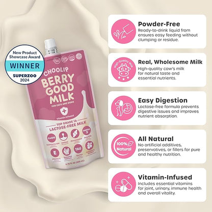 Berry Good Pet Milk. 10pk Vitamin-Infused Cat Milk, Dog, Kitten, Puppy Milk. Dog Bladder Support, Cat Kidney Support, Cat Urinary Supplement Cranberry, Omega 3, CoQ10, Glucosamine, Taurine CHOOLIP