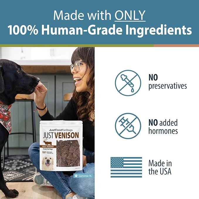 JustFoodForDogs Venison Dog Treats, Single-Ingredient Healthy Dog Treats, Made in The USA, 5 oz - PAWPICO