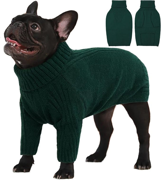 IECOii Large Dog Sweater,Pet Dog Sweaters for Large Dogs Boy,Thanksgiving Fall Knit Doggie Sweatshirt,Turtleneck Thick Warm Girl Dog Sweater,Winter Knitwear Clothes for Corgi,French Bulldog(Green L) - PAWPICO