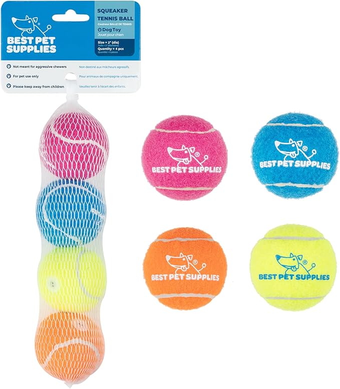 Best Pet Supplies Squeaky Tennis Toys for Dogs, 4-Pack, Heavy-Duty Interactive Pet Toys for Throwing and Fetching, Supports Exercise and Natural Behavior Training, Durable - Small - PAWPICO