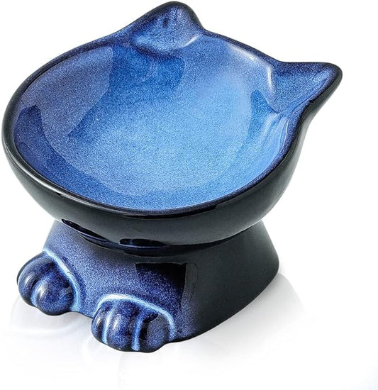 Nihow Slanted Elevated Cat Bowls: 5 Inch Ceramic Raised Cat Food Bowl for Protecting Pet's Spine - Microwave & Dishwasher Safe -Elegant Blue & Black (4.5 OZ /1 PC) - PAWPICO