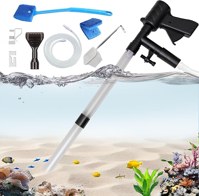 Carefree Fish Aquarium Gravel Cleaner 30In Fish Tank Water Changer Sand Vacuum with 37In Water Pipe Skimmer Net and Long Handle Sponge Alage Scraper Bewatermyfriend
