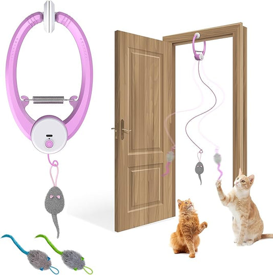 Cat Toy Interactive for Indoor Cats, Smart USB Rechargeable Door Hanging Automatic Retractable Kitten Toys, Teaser Electronic Self Play Feather Cat String Toys Attached with 3 Catnip Mice Pink - PAWPICO