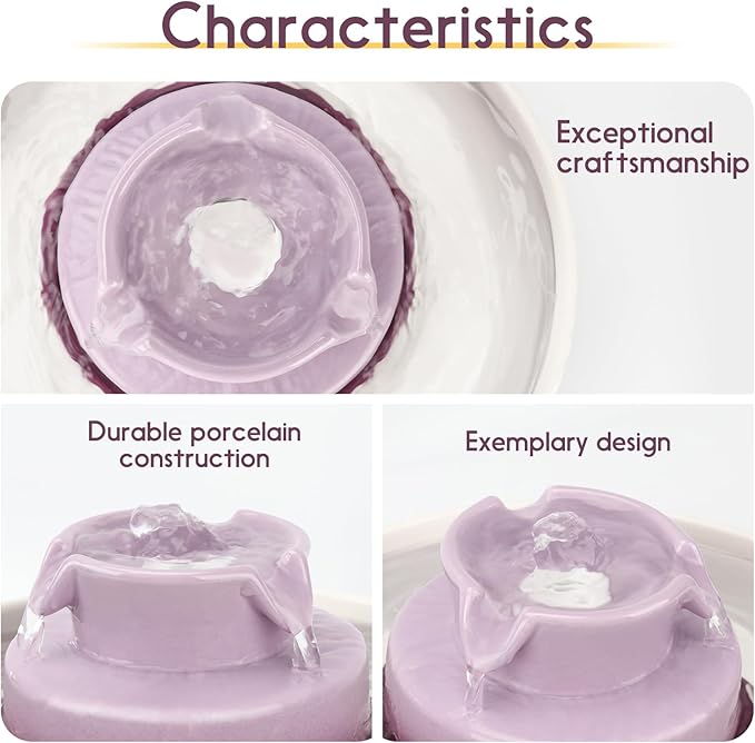 Ceramic Cat Water Fountain, 2.1L/71oz Cat Fountain with 3 Carbon Filters and 2 Water Pumps, Cupcake Pet Water Fountain for Cats and Dogs (Purple) - PAWPICO