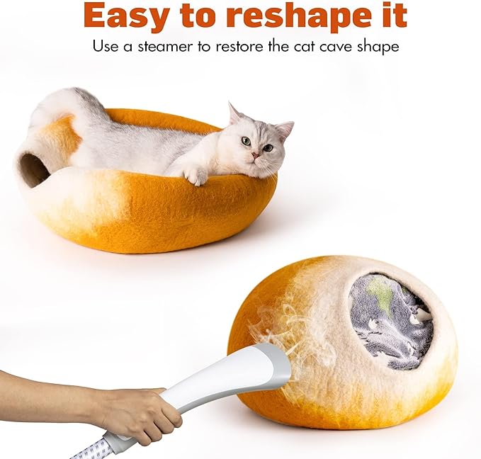 Cat Cave Bed -Handmade Wool Cat Bed Cave, Cat Bed Cat House, Felt Cat Caves for Indoor Cats and Kittens(Yellow/White) - PAWPICO