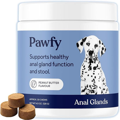 Pawfy Anal Gland Chews for Dogs | Natural No Scoot Remedy with Probiotics – Helps with Constipation, Digestive Health, and Gas Relief | Promotes Healthy Poops & Comfort - 30 Dog Supplements Pawfy