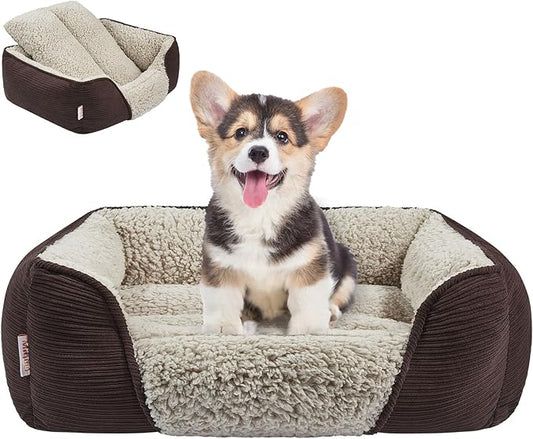 Miguel Washable Dog Bed with Removable Cushion for Small Dogs, Easy to Wash Pet Sofa Bed with Side, Rectangle Bolster Cat Bed Calming Cuddle Puppy Bed with Anti-Slip Bottom, Dark Brown 20 Inch - PAWPICO