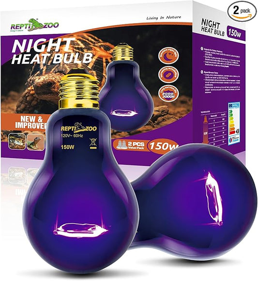 REPTIZOO 2PCS Reptile Heat Lamp, 150W Night Heat Lamp Moonlight Bulb Purple Infrared Heating Lamp Simulate Natural Moonlight Night Heat Bulb for Reptile Amphibian REPTIZOO