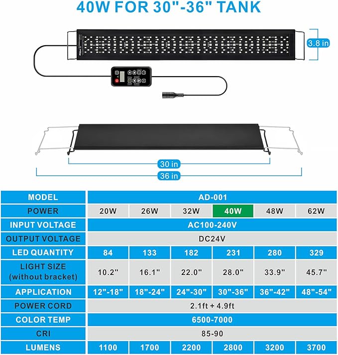 Advanced 7-Row LED Aquarium Light, Easy Setup Controller, Auto On Off Full Spectrum Fish Tank Light, 24/7 Lighting Cycle, 8 Colors, 10 Level Dimming, 40W for 30"-36" Freshwater Planted Tank Alidou