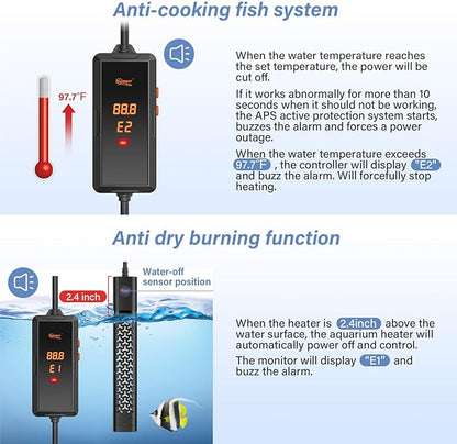 hygger 200w Aquarium Heater, Submersible Fish Tank Heater with Intelligent Temperature Control and Leaving Water Automatically Stop Heating System, for 20-40 Gallon Tanks hygger