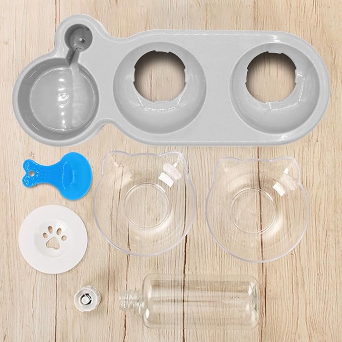 Triple Cat Bowls,15°Tilt 3-in-1 Water Feeder Bowls Cat Double Food Bowls with Automatic Water Bottle Bowl, Whisker Friendly Wet and Dry Cat Elevated Feeding Dishes for Small Cat and Puppy (Lead White) - PAWPICO