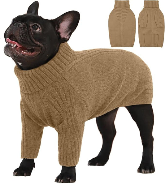 IECOii Large Dog Sweater,Pet Dog Sweaters for Large Dogs Boy,Thanksgiving Fall Knit Doggie Sweatshirt,Turtleneck Thick Warm Girl Dog Sweater,Winter Knitwear Clothes for Corgi,French Bulldog(Camel,L) - PAWPICO