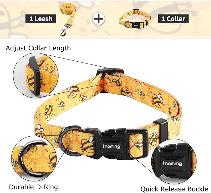 Ihoming Dog Collar and Leash Set for Daily Outdoor Walking Running Training, Bee Design for Small Boys Girls Dogs Cats Pets, S-Up to 20LBS Ihoming