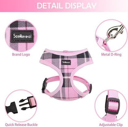 SCENEREAL Puppy Dog Harness with Leash Set for Small Medium Sized Dogs, Soft Mesh Step in Pet Harnesses and Leash, No Chock Plaid Adjustible No Pull Vest for Dogs Cats, Chihuahua,Bulldog (Pink S) SCENEREAL
