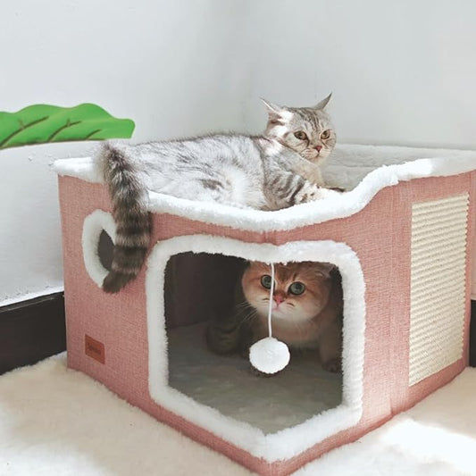 Large Cat Cave Bed for Indoor Cats, Cats Cube House with Scratch Pad Cat Condo Hideaway Tente Hut with Washable Sherpa Warm Soft Cat Mat, Cute Cat Beds Furniture, Modern Dog Bed,Pink - PAWPICO
