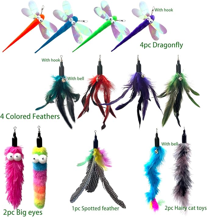 Cat Worm Toy Refills Cats Teaser Toys Wand Replacement Cat Wand Attachments 13Pcs Cat Worms and Dragonfly Refill,Cat Wand Toy Assorted Teaser Refills with Bell (13Pcs) - PAWPICO