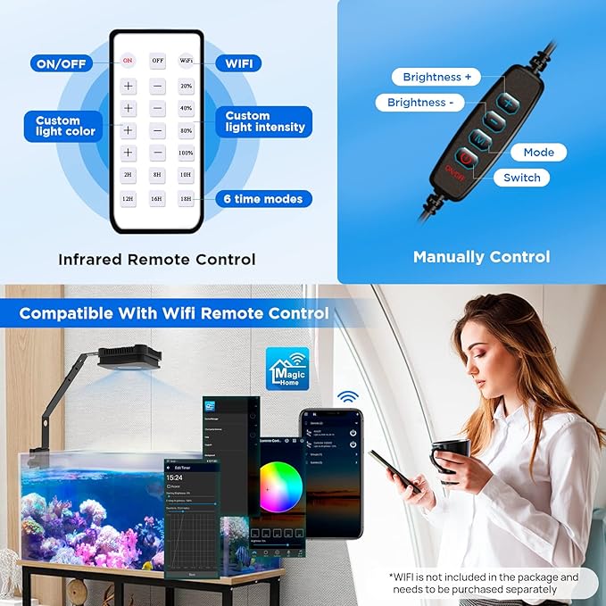 Lominie LED Aquarium Light, Full Spectrum Fish Tank Light, Clip on Saltwater Planted Light Adjustable Gooseneck for Saltwater Coral Fish Tanks, Dimmable Nano Refugium Tank Light Supports Remote WiFi Lominie