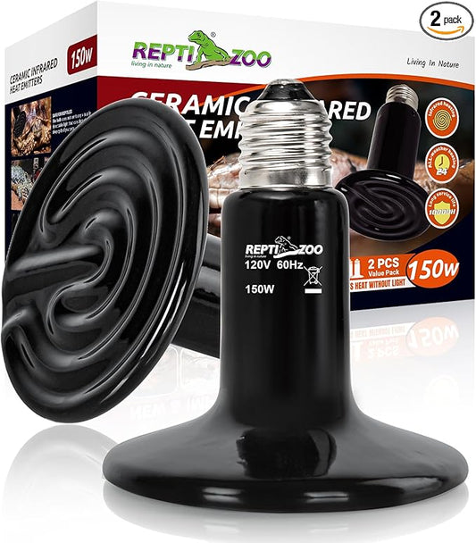 REPTI ZOO 150W Reptile Heat Lamp 2Pack Ceramic Heat Emitter Night Heat Lamp Bulbs Reptile Terrarium Heat lamp Tank Heat Bulb for Turtle Bearded Dragon Gecko Lizard Snake Chicken E26 REPTIZOO