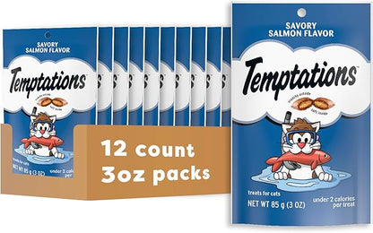 Temptations Classic Crunchy and Soft Cat Treats Savory Salmon Flavor, 3 oz. Pouch (Pack of 12) Temptations