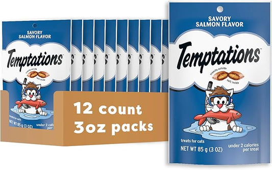 Temptations Classic Crunchy and Soft Cat Treats Savory Salmon Flavor, 3 oz. Pouch (Pack of 12) Temptations