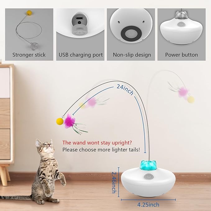 Interactive Cat Toys Cat Exercise Tumbler, Rechargeable Cat Toys for Indoor Cats Spin Butterfly Game Teasing Kitty, Extra Long Feather Wand (P33 cat Toys) - PAWPICO